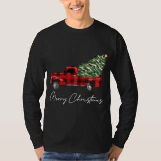 格子縞の赤いトラックのクリスマスメリークリスマスクリスマスツリー Tシャツ