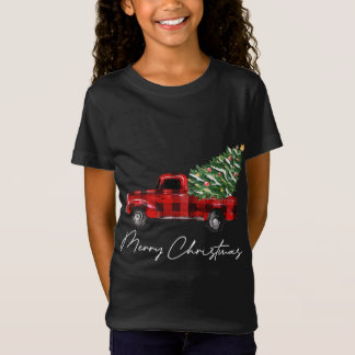 格子縞の赤いトラックのクリスマスメリークリスマスクリスマスツリー Tシャツ