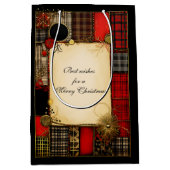 格子縞の赤い黒い金ゴールドクリスマスグリーティング ミディアムペーパーバッグ (正面)