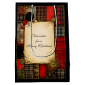 格子縞の赤い黒い金ゴールドクリスマスグリーティング ミディアムペーパーバッグ (裏面)