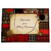 格子縞の赤い黒い金ゴールドクリスマスグリーティング ラージペーパーバッグ (正面)