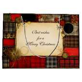 格子縞の赤い黒い金ゴールドクリスマスグリーティング ラージペーパーバッグ (裏面)
