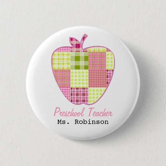 格子縞のAppleの幼稚園の先生 缶バッジ (正面)