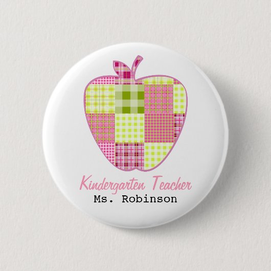 格子縞のAppleの幼稚園教師 缶バッジ (正面)