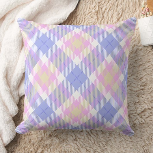 格子縞ブルーピンクイエロー クッション (ブランケット)