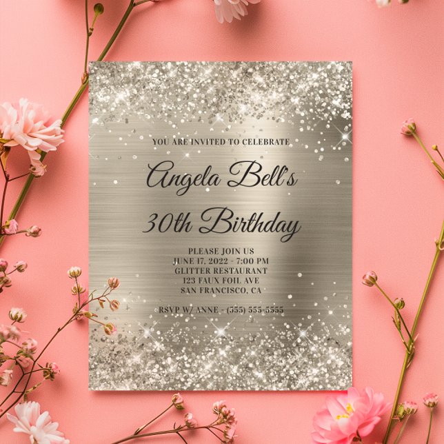 格安のスパンコール プラチナ箔押しゴージャスな招待状 (Budget Glittery Platinum Foil Glam Invitation)