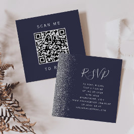 格安ダークブルーシルバー 結婚式 QRコード RSVP エンクロージャーカード