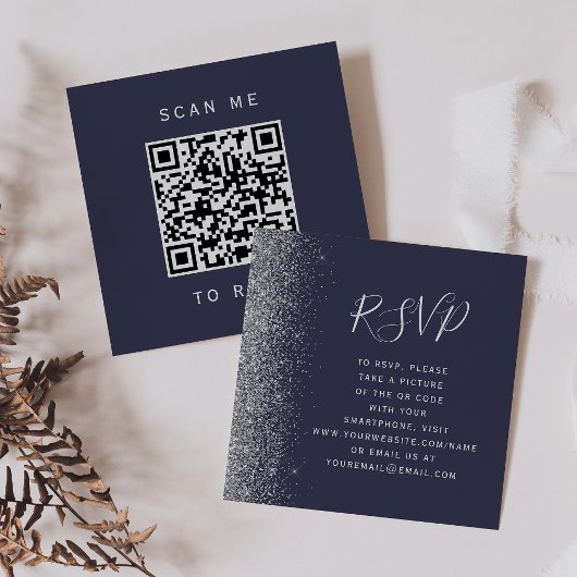 格安ダークブルーシルバー 結婚式 QRコード RSVP エンクロージャーカード