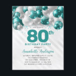 格安ティール（緑がかった色）シルバーバルーングリッター80誕生日 チラシ<br><div class="desc">グラムモダンティール（緑がかった色）グリーンシルバーバルーングリッタースパークルアエージ誕生日招待状</div>