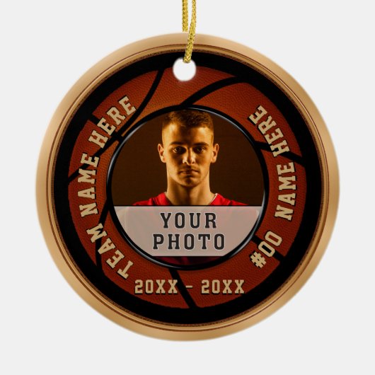 格安バスケットボールギフトアイディア，あなたの写真と文字 セラミックオーナメント (正面)