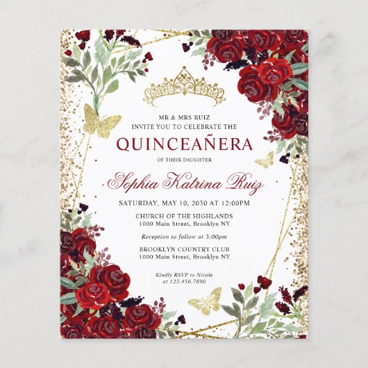 格安フローラブルガンディ金ゴールドキンセアニラ招待状 チラシ (正面)