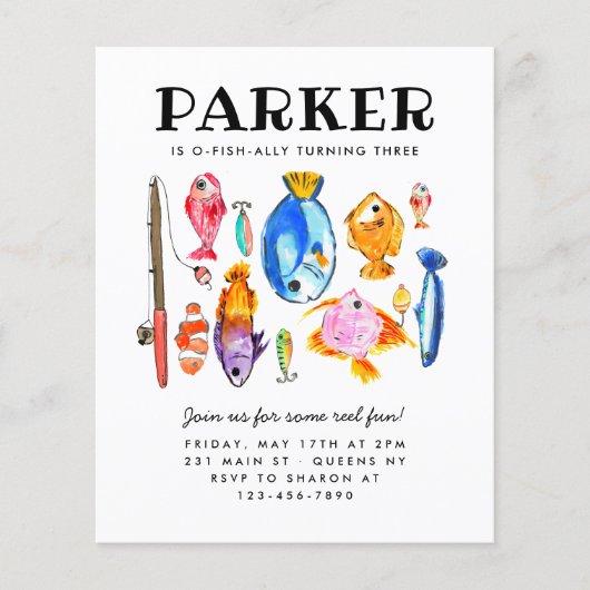 格安素朴O-Fish-alリールおもしろい魚釣り誕生日 チラシ (正面)