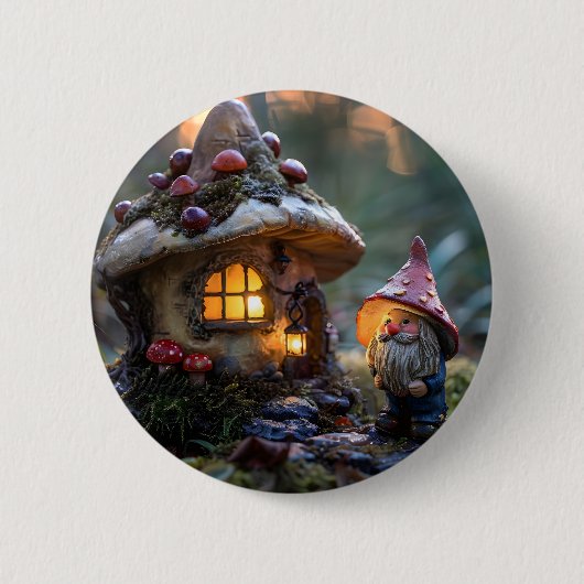 格言とキノコの家、ファンタジーデザイン 缶バッジ (正面)