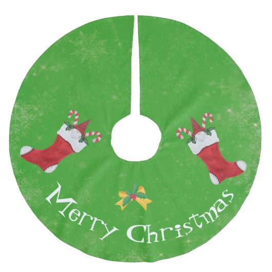 格言イン赤いクリスマスストッキングキャンディーケーングリーン ブラッシュドポリエステルツリースカート (正面)