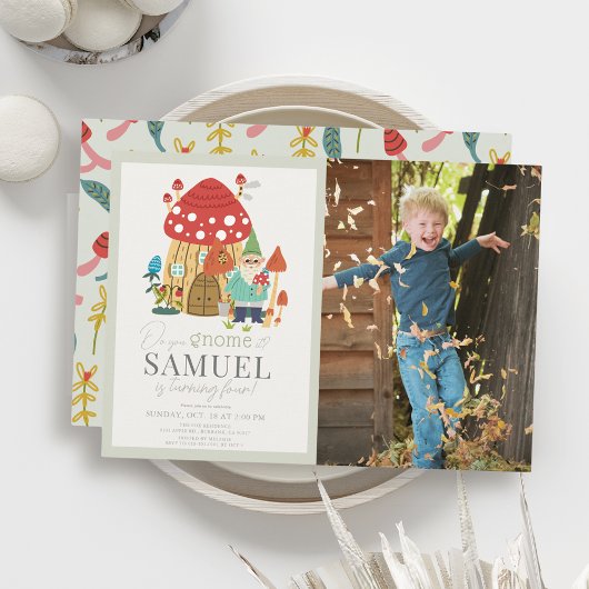 格言ガーデンマッシュルームグリーン子供の誕生日写真 招待状
