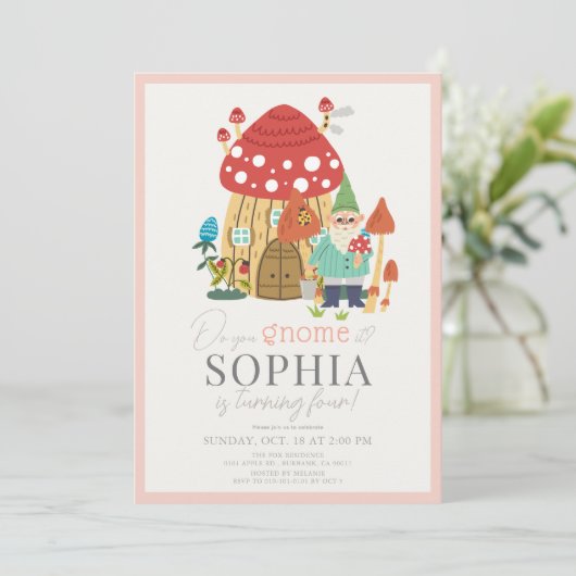 格言ガーデンマッシュルームピンクガール誕生日 招待状 (スタンド正面)