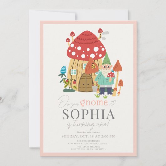 格言ガーデンマッシュルームピンク1歳の誕生日 招待状 (正面)