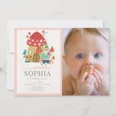 格言ガーデンマッシュルームピンク1stバースデーフォト 招待状 (正面)