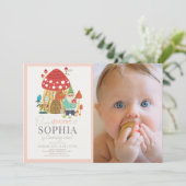 格言ガーデンマッシュルームピンク1stバースデーフォト 招待状 (スタンド正面)