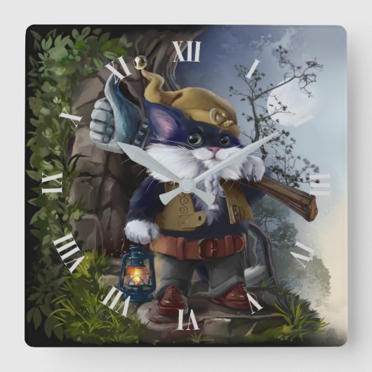 格言猫のハンマーとランプが動く スクエア壁時計 (正面)