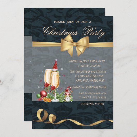 格言、シャンパングラス、ボウクリスマスパーティー 招待状 (正面/裏面)