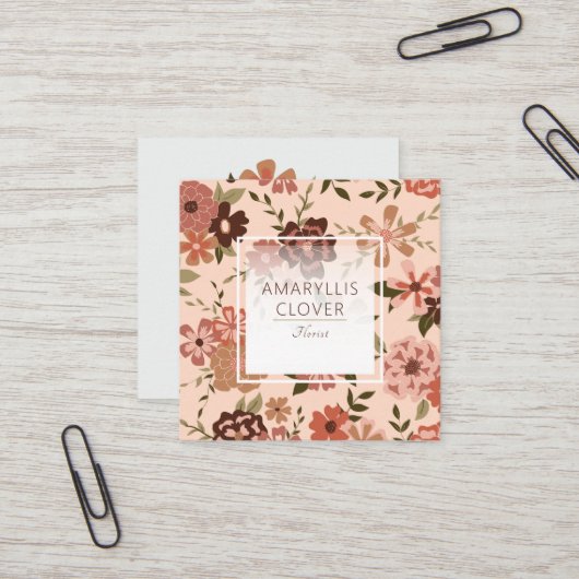 桃お洒落茶色の花柄 スクエア名刺 (正面/裏面インサイチュ)