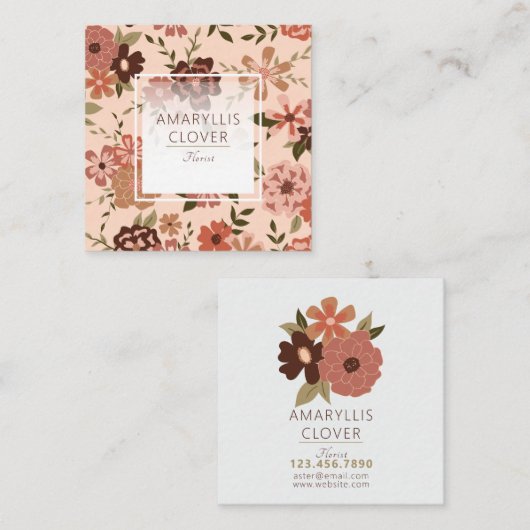 桃お洒落茶色の花柄 スクエア名刺 (正面/裏面)