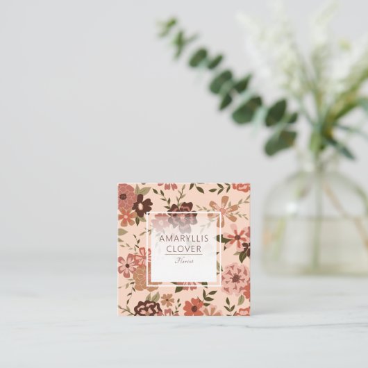 桃お洒落茶色の花柄 スクエア名刺 (スタンド正面)