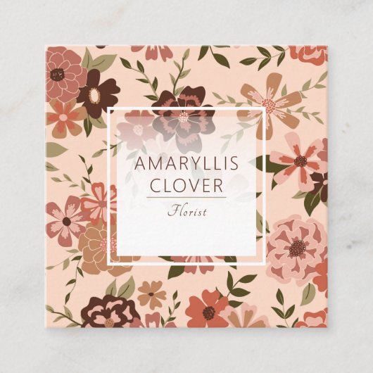桃お洒落茶色の花柄 スクエア名刺 (正面)