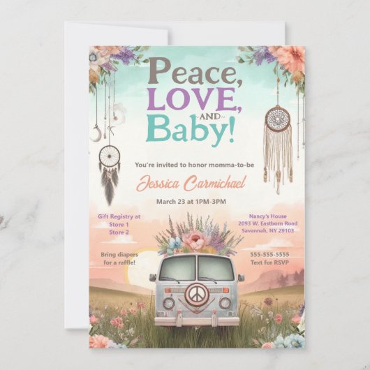 桃かわいらしと青の平和、愛と赤ちゃんのシャワー 招待状 (正面)