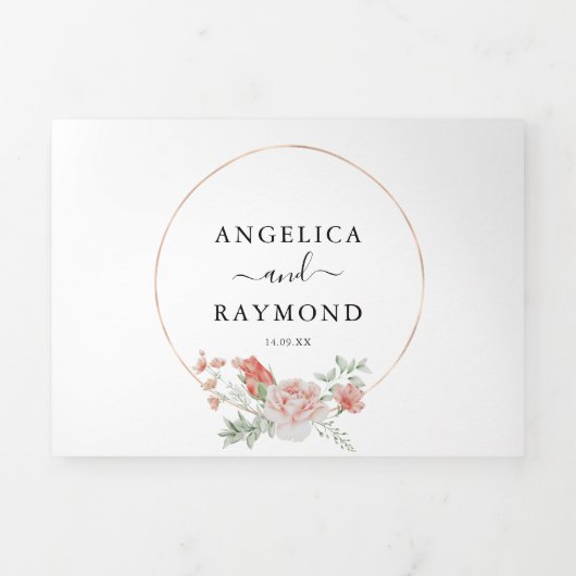 桃かわいらしの植物風雅な結婚式で 三つ折り招待状 (カバー)