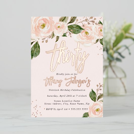 桃かわいらしフローラバラ金ゴールド30th誕生日 箔招待状 (立ち正面)