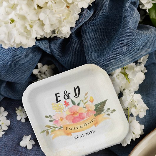 桃かわいらしフローラモノグエレガントラムウェディングパーティー ペーパープレート