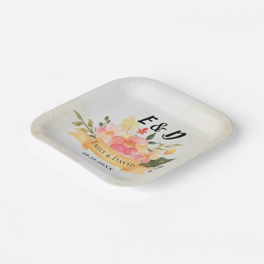 桃かわいらしフローラモノグエレガントラムウェディングパーティー ペーパープレート (傾斜あり)