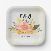 桃かわいらしフローラモノグエレガントラムウェディングパーティー ペーパープレート (正面)