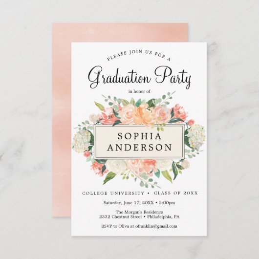 桃かわいらし卒業パーティー招待状 招待状 (正面/裏面)