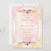 桃かわいらし珊瑚ピンクのバラ写真バースデーパーティー 招待状 (正面)