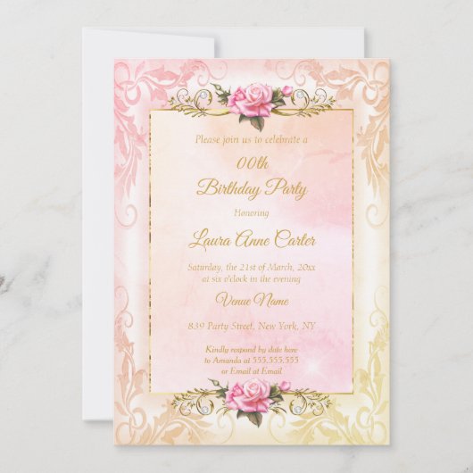 桃かわいらし珊瑚ピンクのバラ写真バースデーパーティー 招待状 (正面)