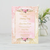 桃かわいらし珊瑚ピンクのバラ写真バースデーパーティー 招待状 (スタンド正面)