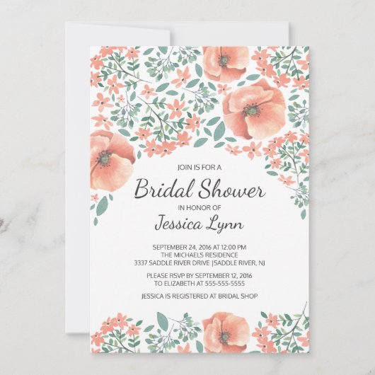 桃かわいらし花ブライダルシャワー招待状 招待状 (正面)