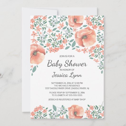 桃かわいらし花赤ちゃんシャワー招待状 招待状 (正面)