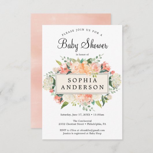 桃かわいらし赤ちゃんシャワー招待状カード 招待状 (正面/裏面)