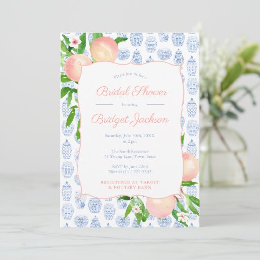 桃かわいらし青と白のウェディングシャワーパーティー 招待状 (スタンド正面)