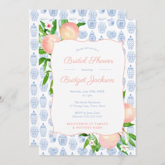 桃かわいらし青と白のウェディングシャワーパーティー 招待状 (正面/裏面)