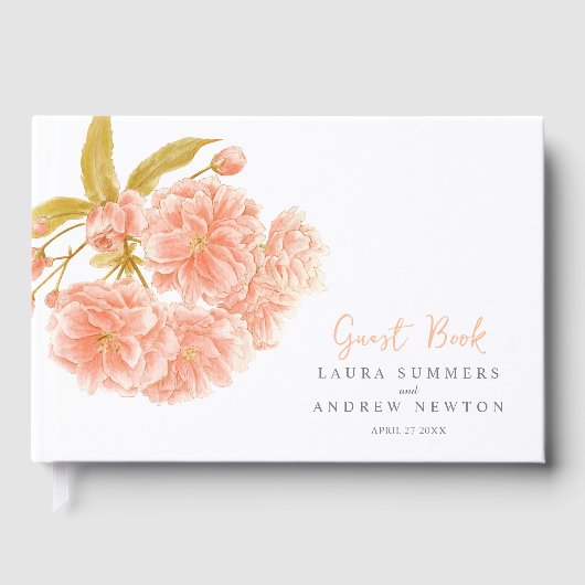 桃さくらんぼの花の水の色のカスタムウェディング ゲストブック (正面)