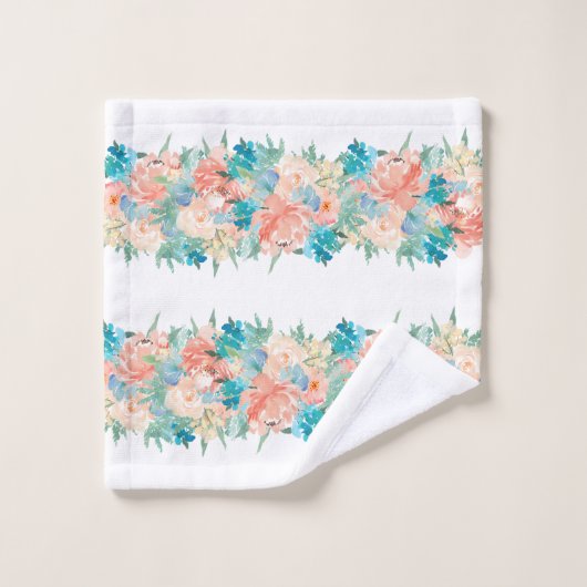 桃とアクアウォーターカラーフローラオンホワイト バスタオルセット (ウォッシュタオル)
