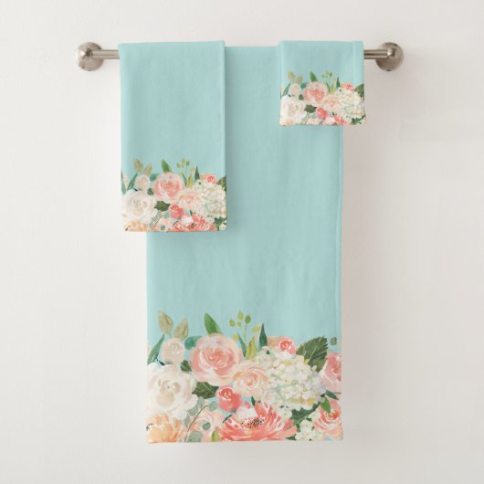 桃とアクア水彩花柄 バスタオルセット (インサイチュ)