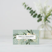 桃とクリームの水色の葉+葉モダン 名刺 (スタンド正面)