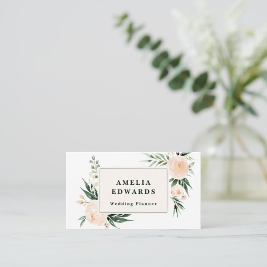 桃とクリームの水色の葉+葉 名刺 (スタンド正面)