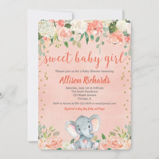 桃とクリームゾウのベビーシャワー招待状 招待状 (正面)